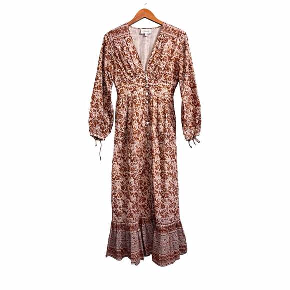 Cleobella Dresses & Skirts - Cleobella Brown Ivory Floral Woven V-Neck Puff Sleeve Maxi Button Dress S